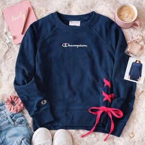 Champion Navy Lace-Up Sweatshirt | Coquette Athleisure Cozy Pullover NWT M